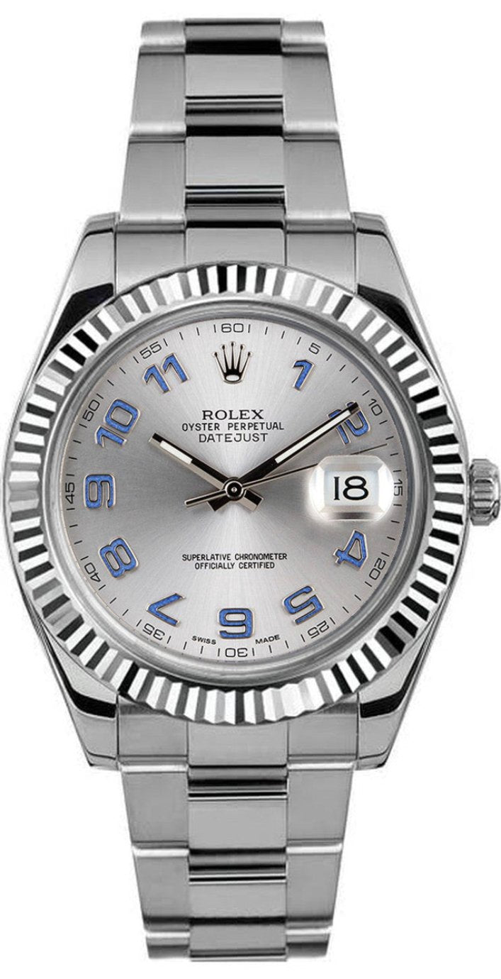 Rolex Datejust 41mm Fluted Bezel Factory Silver Blue Arabic Dial