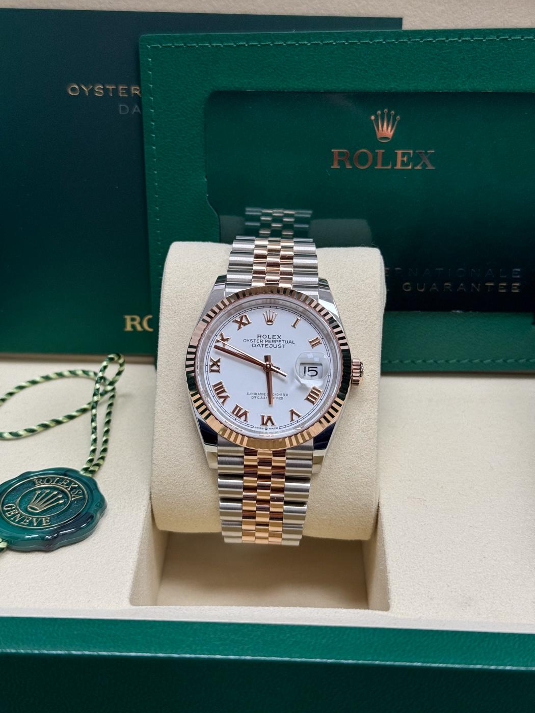 Rolex Datejust 36mm Two-Tone Everose Gold White Roman Dial Fluted Bezel Jubilee