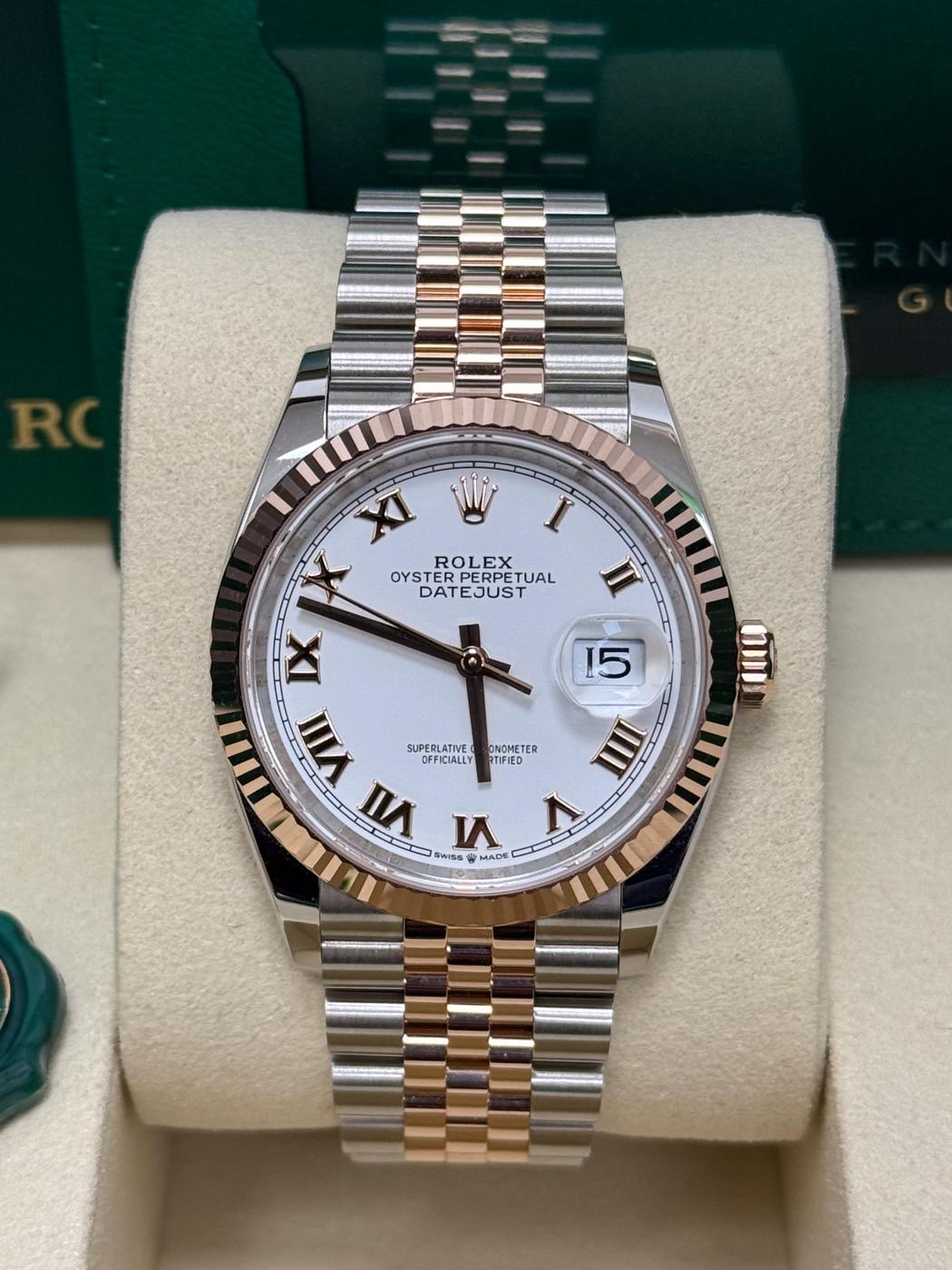 Rolex Datejust 36mm Two-Tone Everose Gold White Roman Dial Fluted Bezel Jubilee