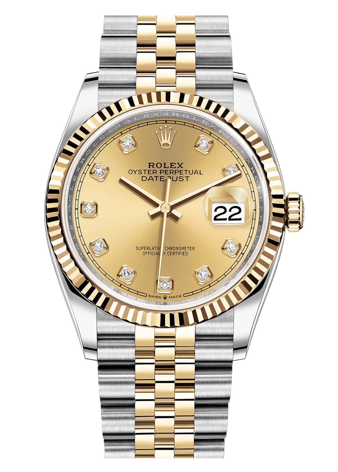 Rolex Datejust 36mm Two-Tone Yellow Gold Champagne Diamond Dial Fluted Bezel Jubilee Bracelet 126233 – New 2025 / 2026