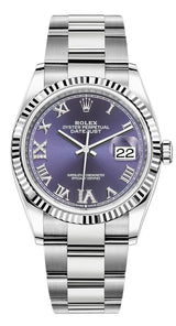 Rolex Datejust 36mm Fluted Bezel Aubergine Roman Diamond Dial Oyster - 126234 - New 2025