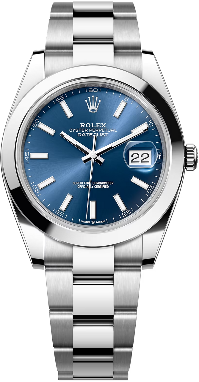 Rolex Datejust 41mm Blue Index Dial Smooth Bezel Oyster Bracelet 126300 – New 2025