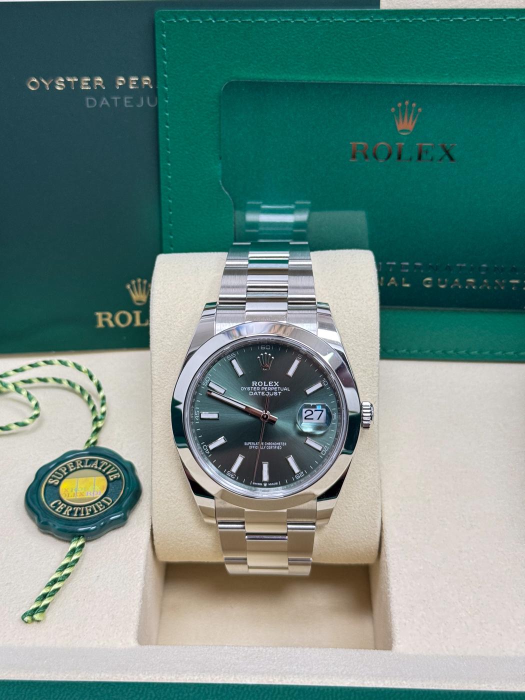 Rolex Datejust 41mm Mint Green Index Dial Smooth Bezel Oyster Bracelet 126300