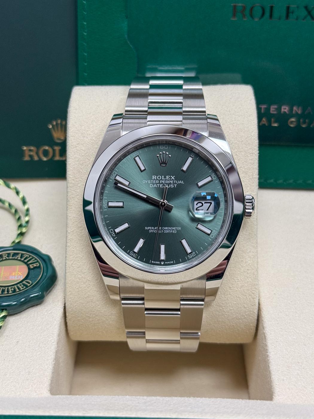 Rolex Datejust 41mm Mint Green Index Dial Smooth Bezel Oyster Bracelet 126300