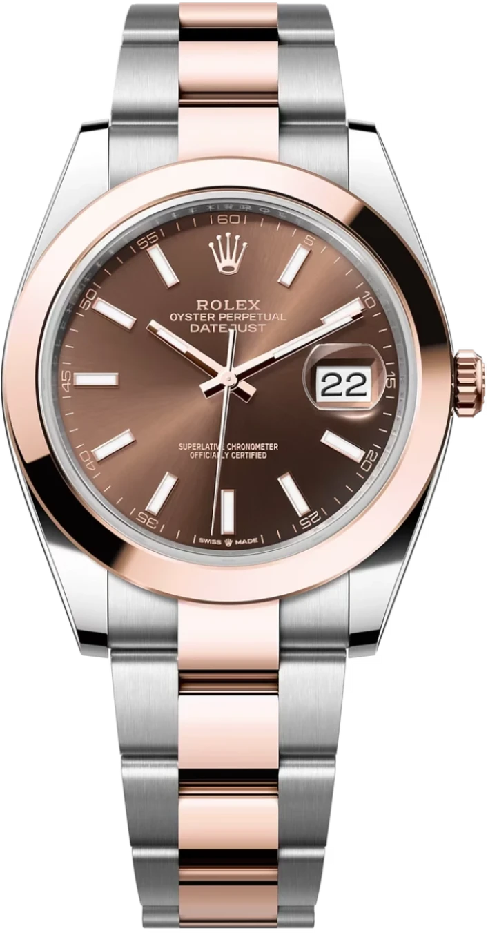 Rolex Datejust 41mm Two-Tone Everose Gold Chocolate Index Dial Smooth Bezel Oyster Bracelet 126301 – New 2025