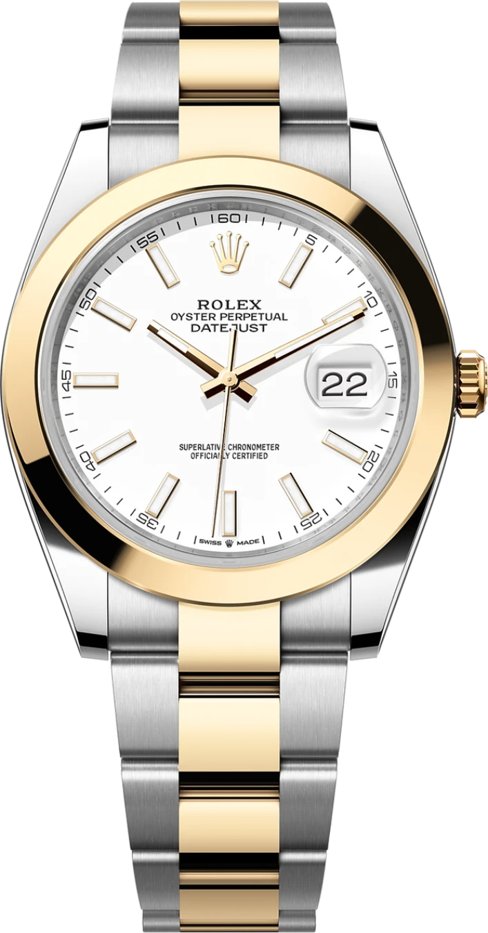 Rolex Datejust 41mm Two-Tone Yellow Gold White Index Dial Smooth Bezel Oyster Bracelet 126303 – New 2025