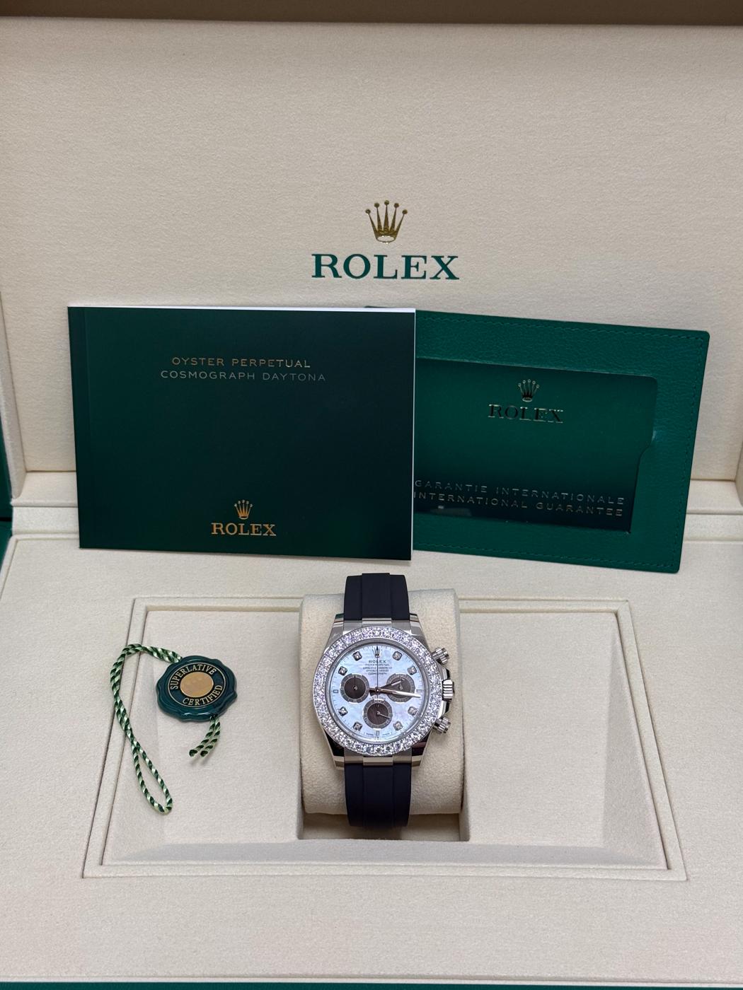 Rolex Cosmograph Daytona 40mm White Gold Mother of Pearl Dial Diamond Bezel