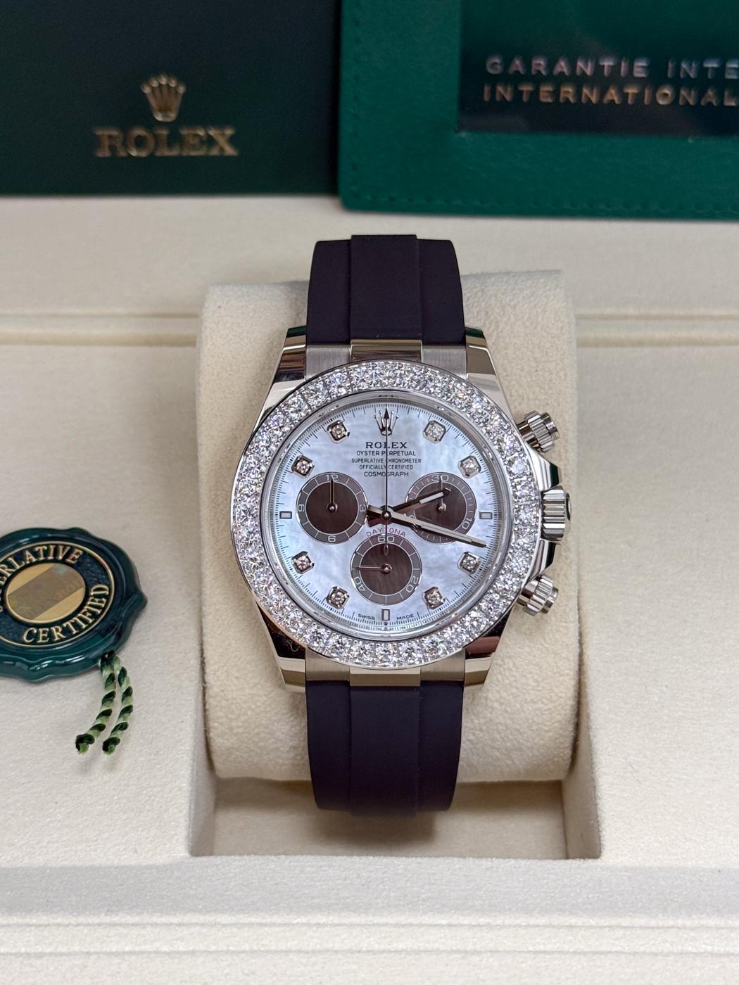 Rolex Cosmograph Daytona 40mm White Gold Mother of Pearl Dial Diamond Bezel