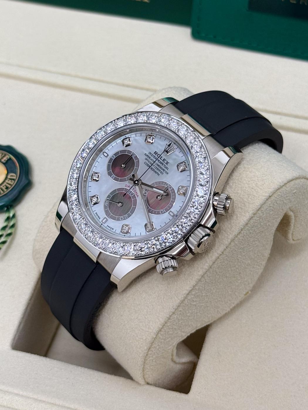 Rolex Cosmograph Daytona 40mm White Gold Mother of Pearl Dial Diamond Bezel