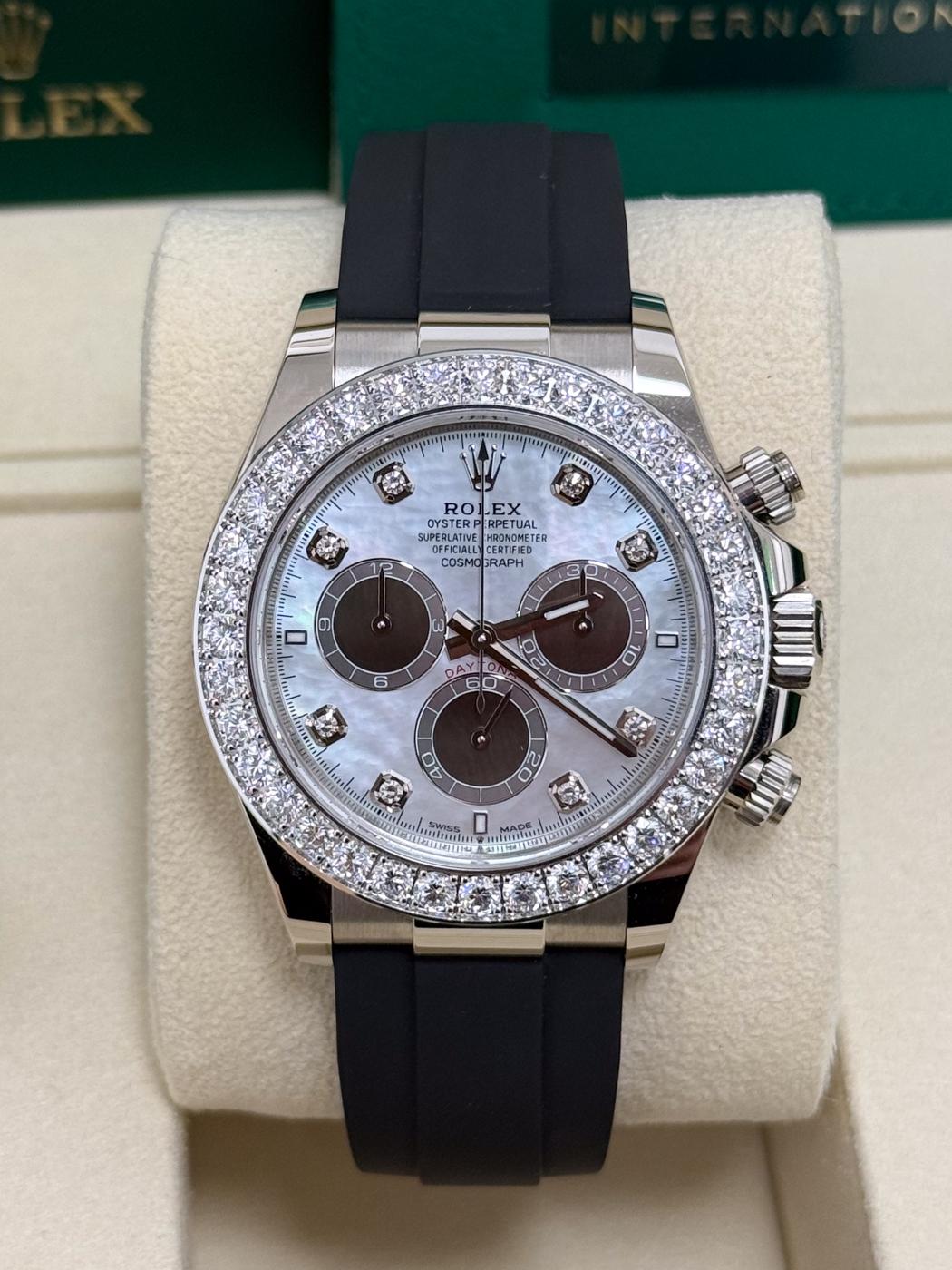 Rolex Cosmograph Daytona 40mm White Gold Mother of Pearl Dial Diamond Bezel
