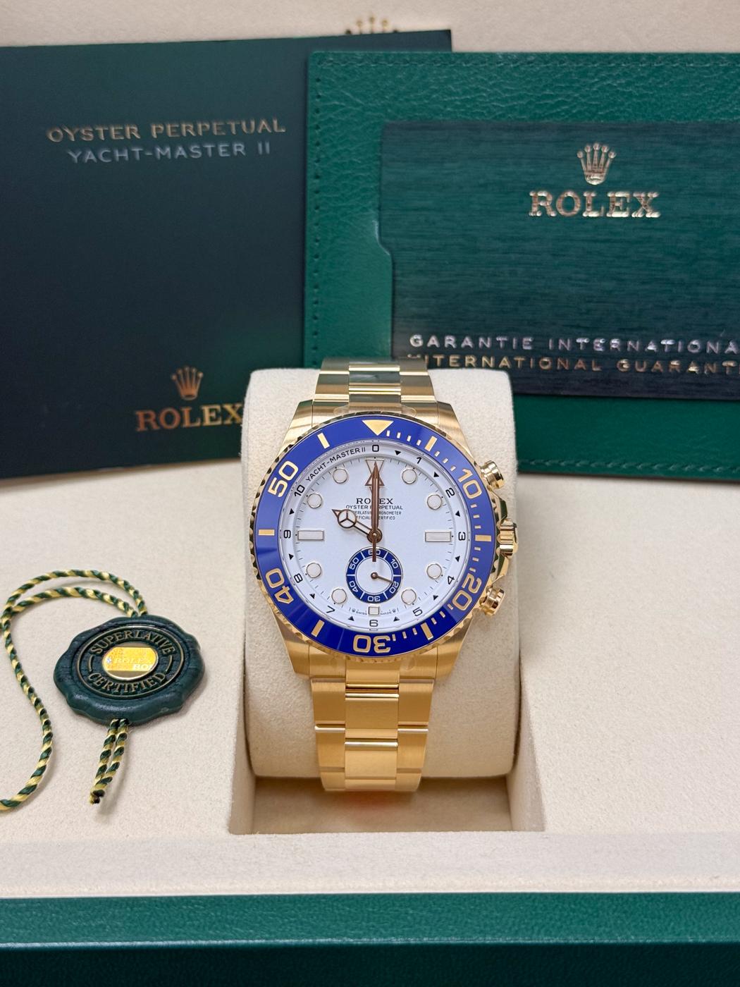 Rolex Yacht-Master II 44mm Yellow Gold White Dial Blue Cerachrom Bezel 126688