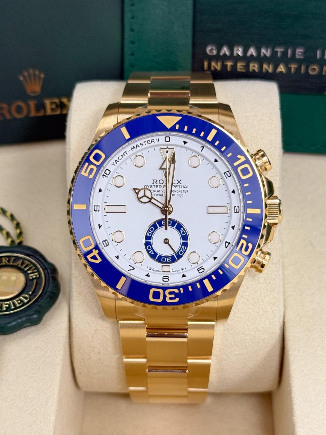 Rolex Yacht-Master II 44mm Yellow Gold White Dial Blue Cerachrom Bezel 126688
