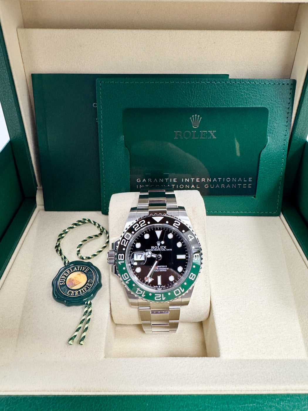 Rolex GMT-Master II "Lefty Sprite" 40mm Left-Handed Black Dial Green and Black Bezel Oyster Bracelet 126720VTNR – New 2025 / 2026