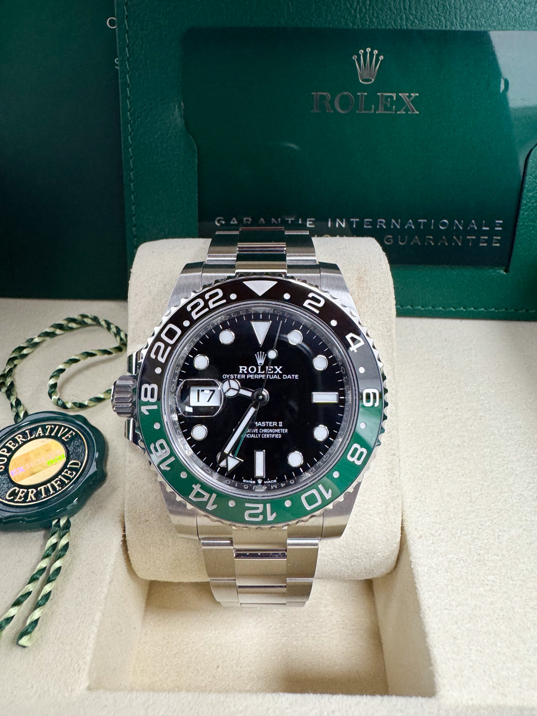 Rolex GMT-Master II "Lefty Sprite" 40mm Left-Handed Black Dial Green and Black Bezel Oyster Bracelet 126720VTNR – New 2025 / 2026