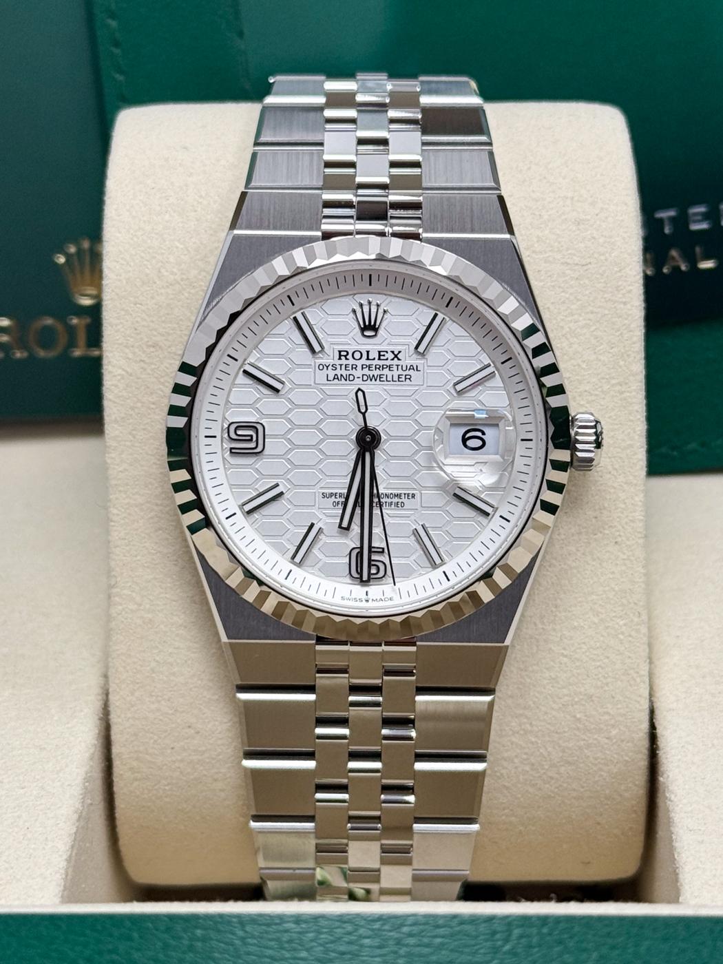 Rolex Land-Dweller 36mm Fluted Bezel White Honeycomb-Motif Dial Flat Jubilee