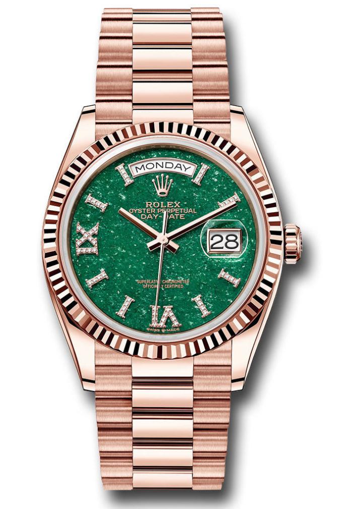 Rolex Day-Date “President” 36mm Everose Gold Green Aventurine Roman Diamond Dial – 128235 – New 2025