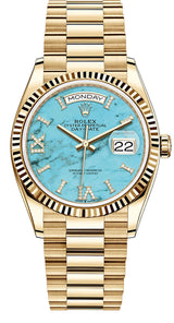 Rolex Day-Date "President" 36mm Yellow Gold Turquoise Roman Diamond Dial - 128238 - New 2025