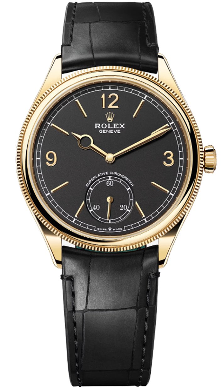 Rolex 1908 Yellow Gold Black Dial Black Alligator Strap