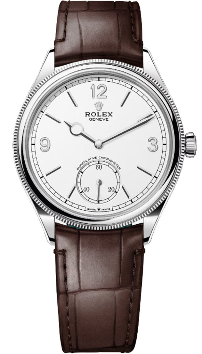 【2024秋冬新作】 Rolex 1908 White Gold White Dial Brown Alligator Strap ハンティング・ワールド