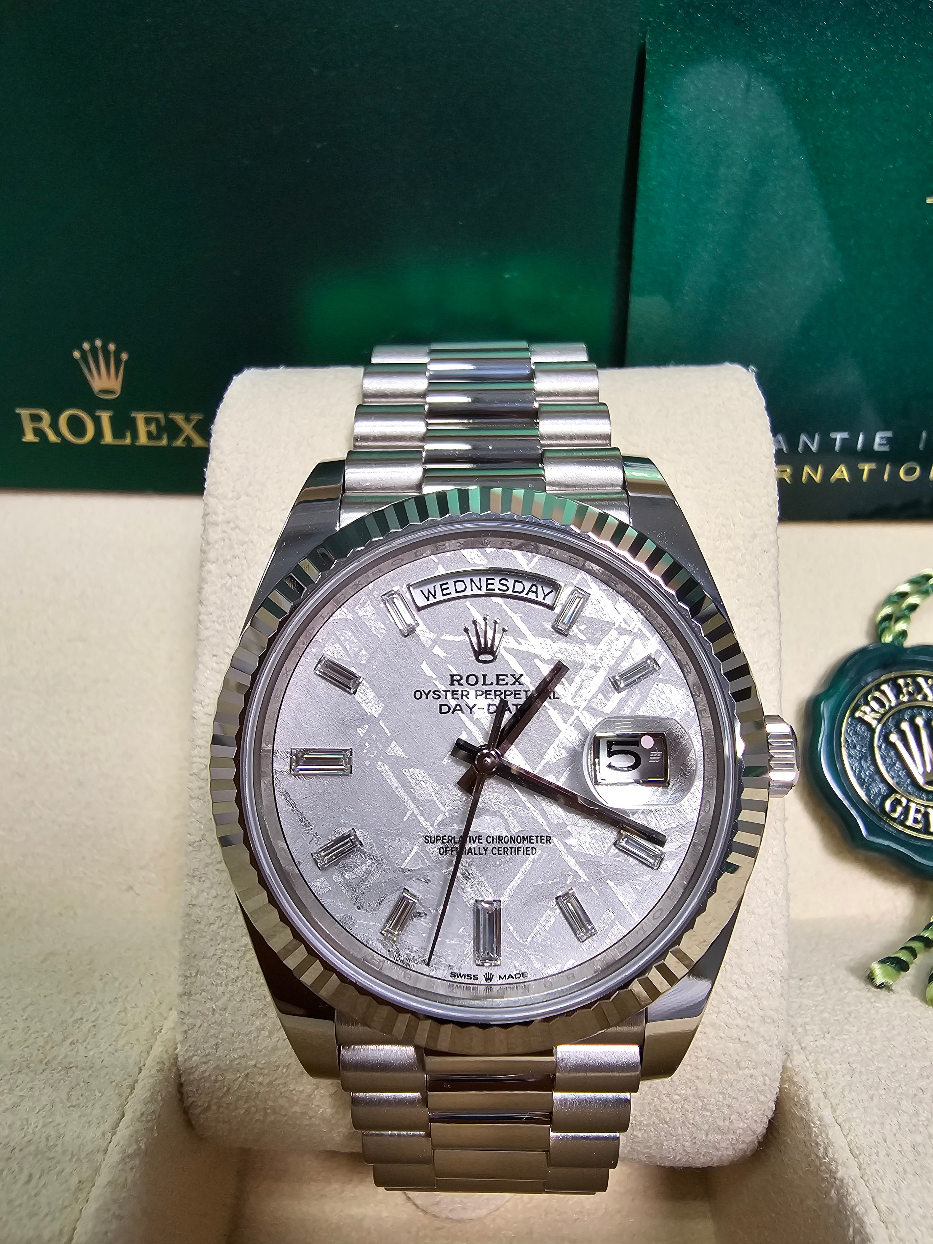 Rolex Day-Date "President" 40mm White Gold Meteorite Diamond Baguette Dial - 228239 - New 2025