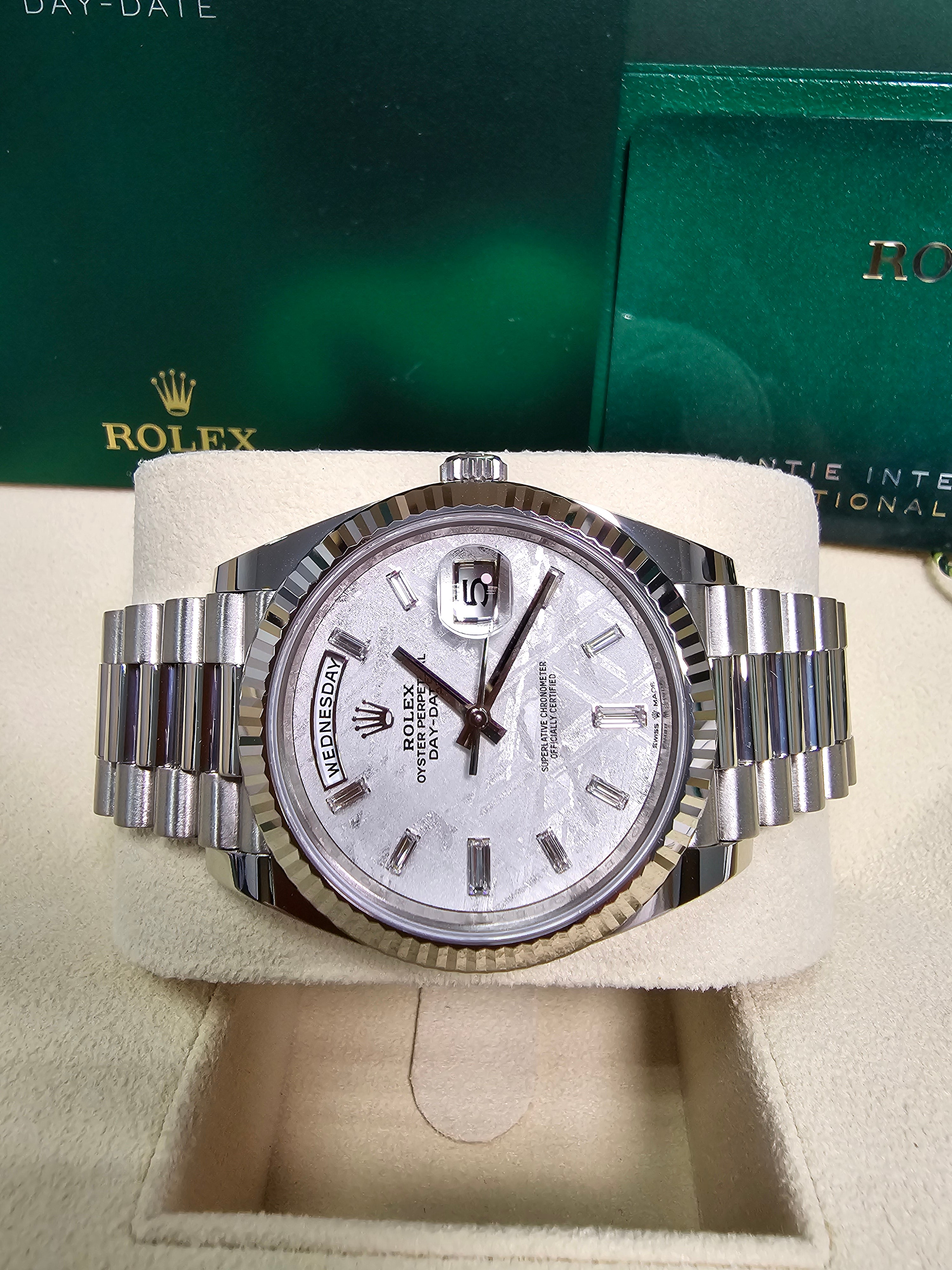Rolex Day-Date "President" 40mm White Gold Meteorite Diamond Baguette Dial - 228239 - New 2025