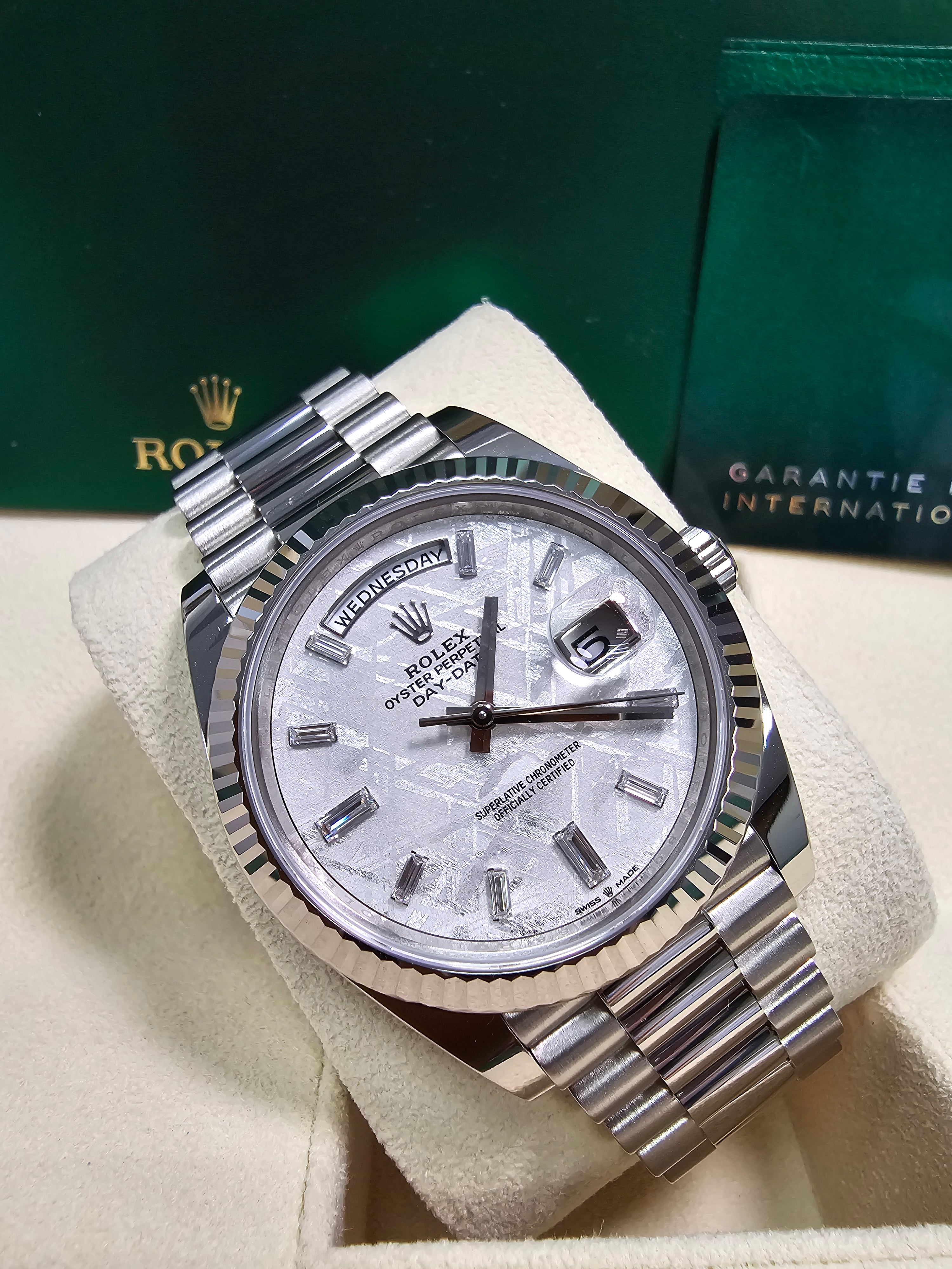 Rolex Day-Date "President" 40mm White Gold Meteorite Diamond Baguette Dial - 228239 - New 2025