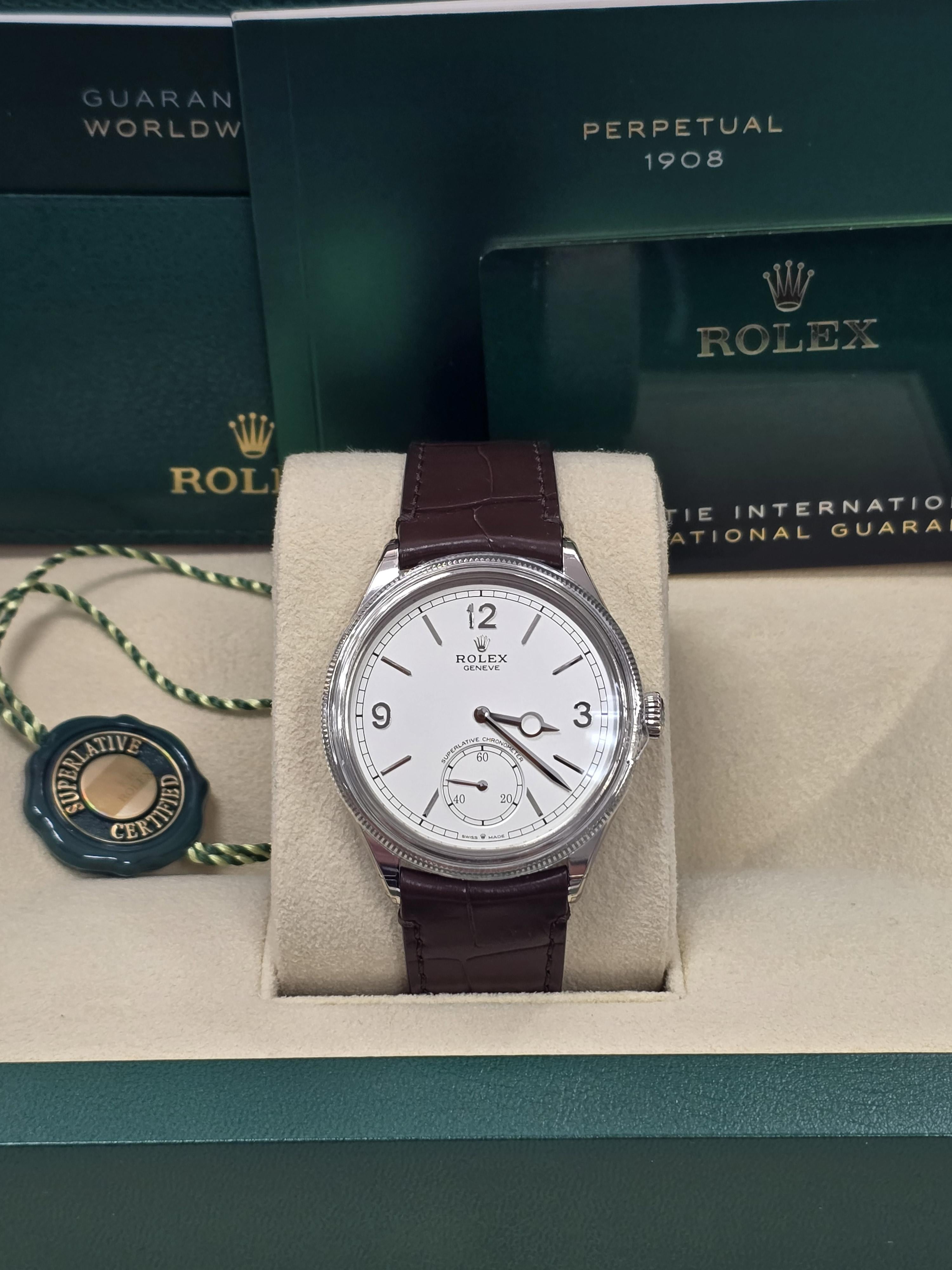 Rolex 1908 White Gold White Dial Brown Alligator Strap 52509 – New 2026