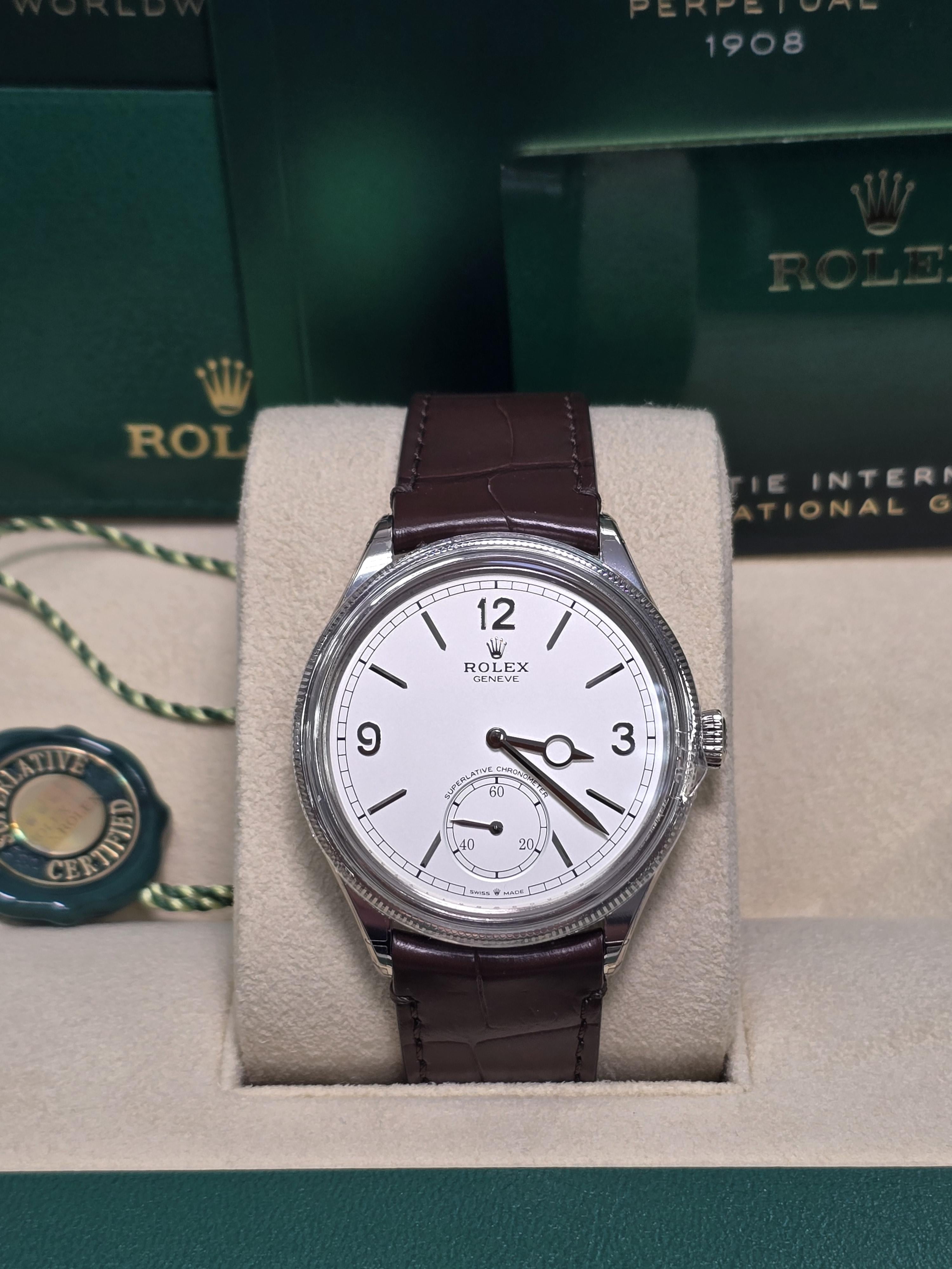 Rolex 1908 White Gold White Dial Brown Alligator Strap 52509 – New 2026