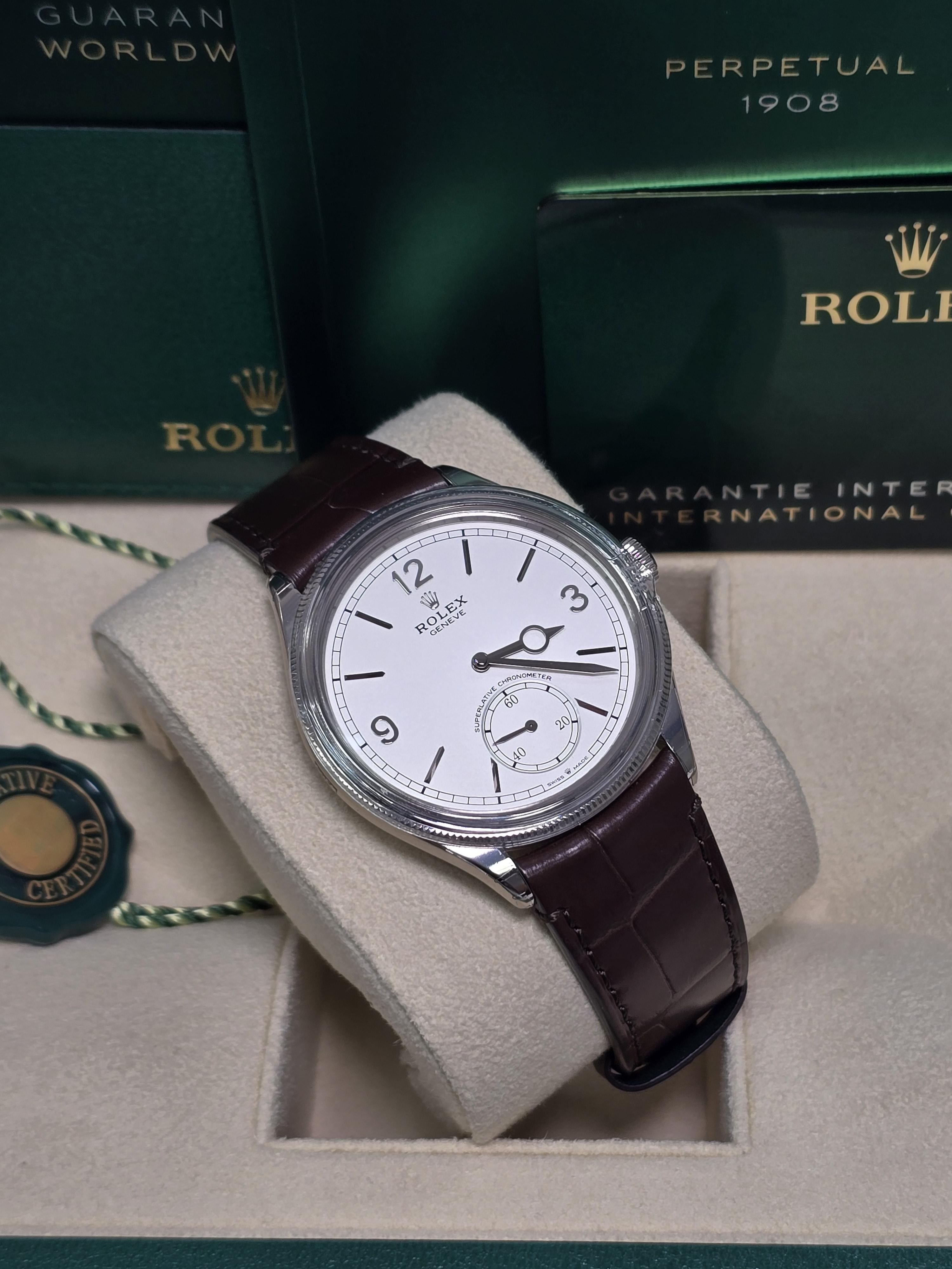 Rolex 1908 White Gold White Dial Brown Alligator Strap 52509 – New 2026