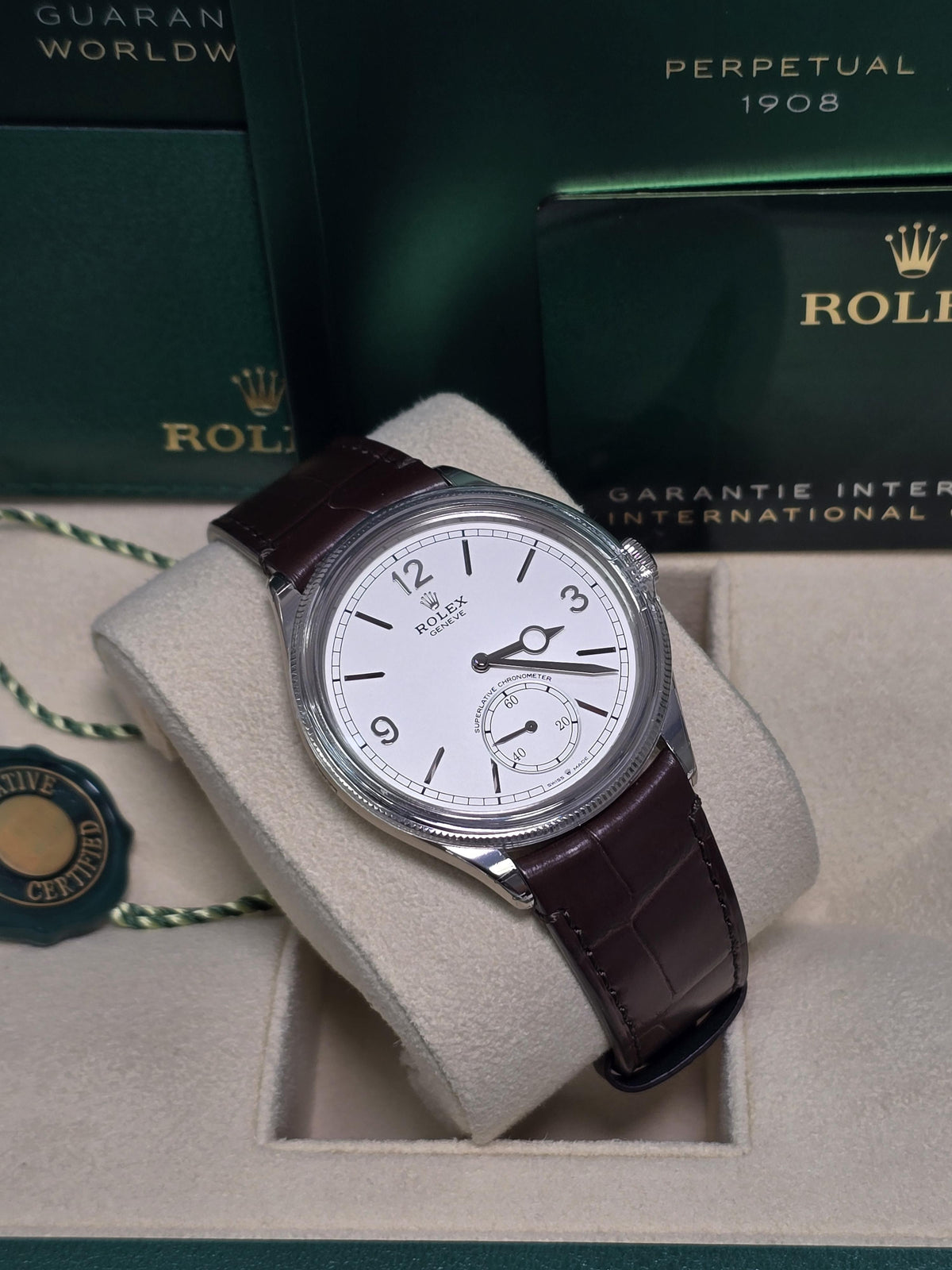 Rolex 1908 White Gold White Dial Brown Alligator Strap 52509 – New 2026