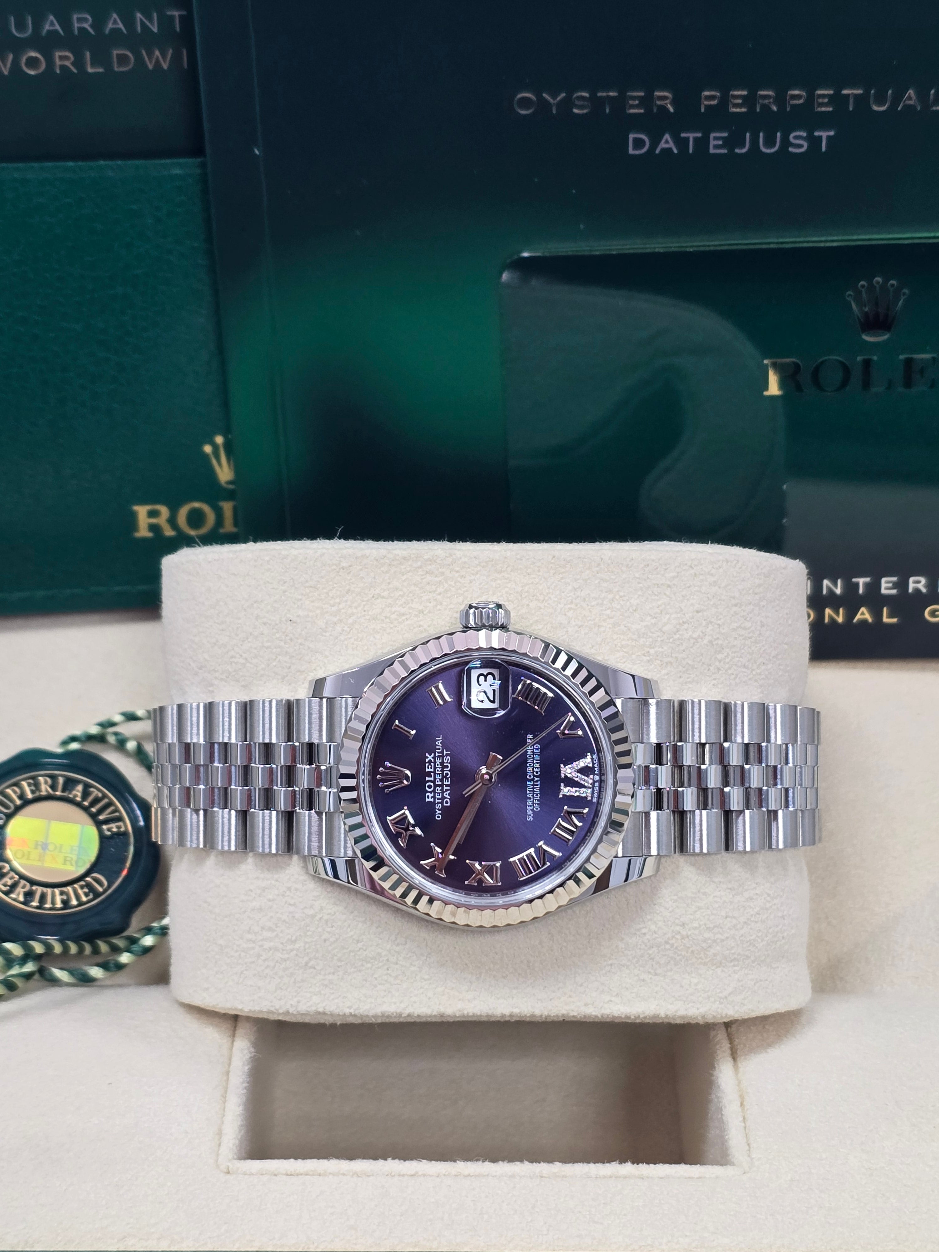 Rolex Lady-Datejust 31mm Violet (Purple) Roman Diamond Dial Fluted Bezel Jubilee Bracelet 278274 – New 2025