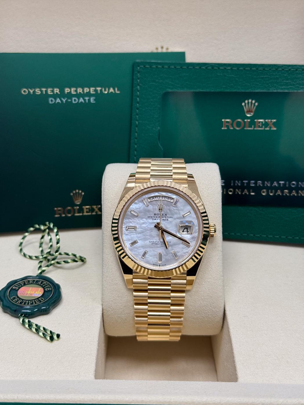 Rolex Yellow Gold President Day Date 40mm Mother of Pearl Diamond Baguette Dial