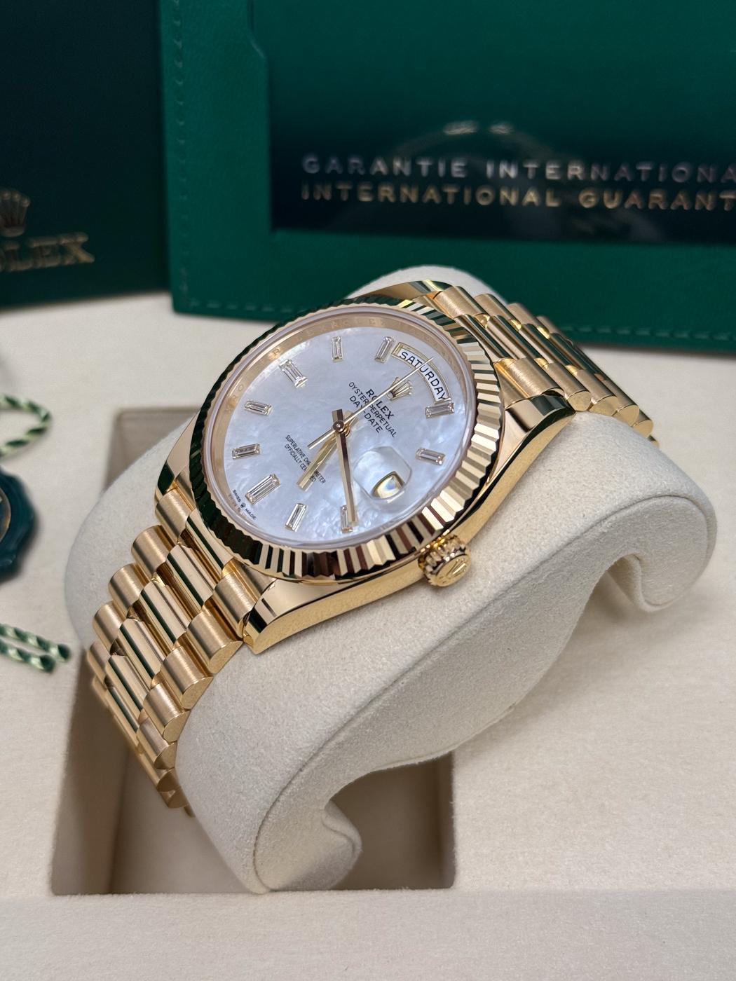 Rolex Yellow Gold President Day Date 40mm Mother of Pearl Diamond Baguette Dial