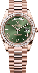 Rolex Day-Date "President" 40mm Everose Gold Olive Green Roman Dial Diamond Bezel - 228345RBR - New 2025