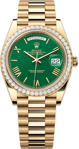 Rolex Day-Date "President" 40mm Yellow Gold Green Roman Dial Diamond Bezel - 228348rbr - New 2025