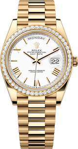 Rolex Day-Date "President" 40mm Yellow Gold White Roman Dial Diamond Bezel - 228348RBR - New 2025
