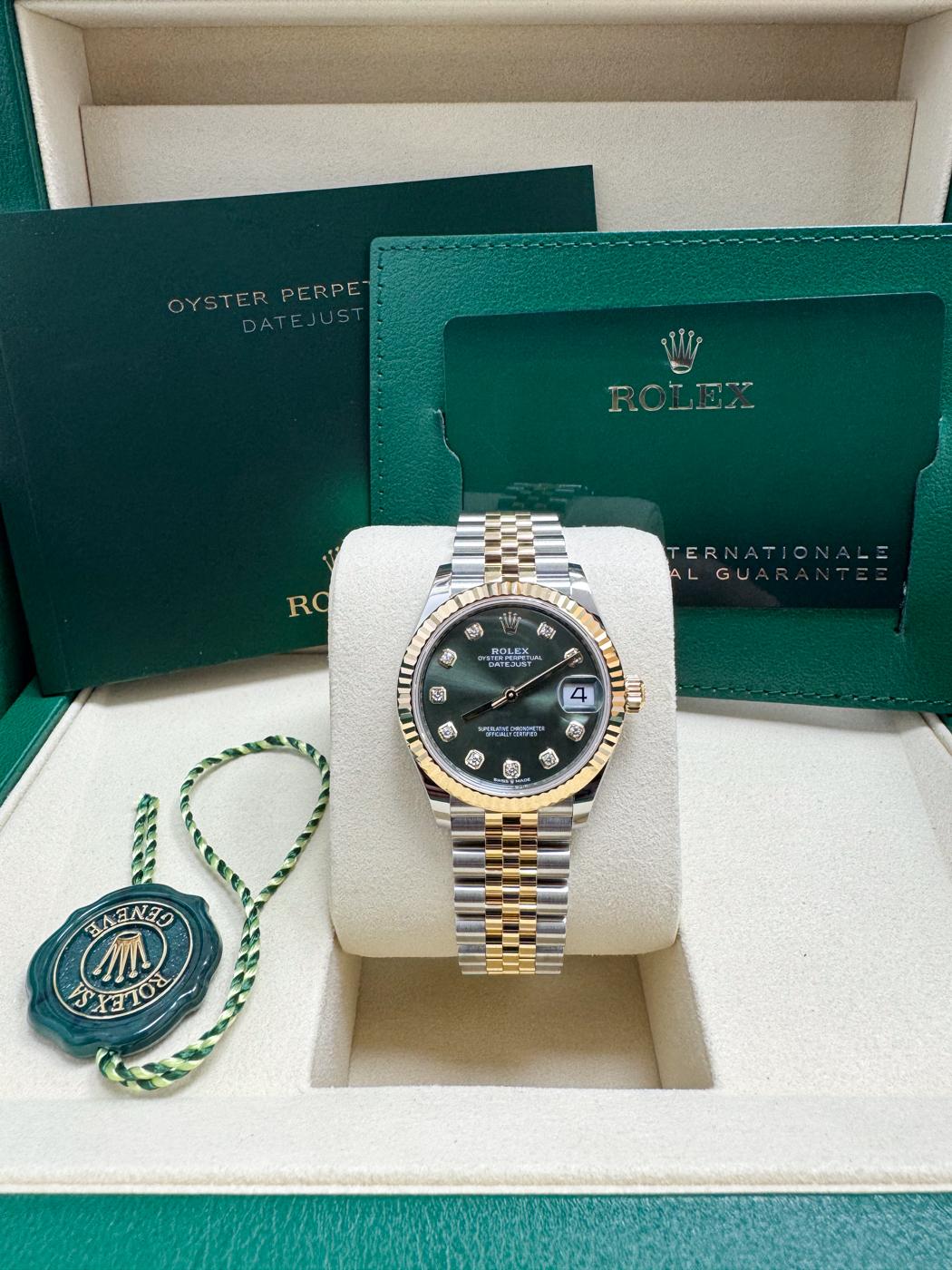 Rolex Lady-Datejust 31mm Two-Tone Yellow Gold Green Diamond Dial Fluted Bezel