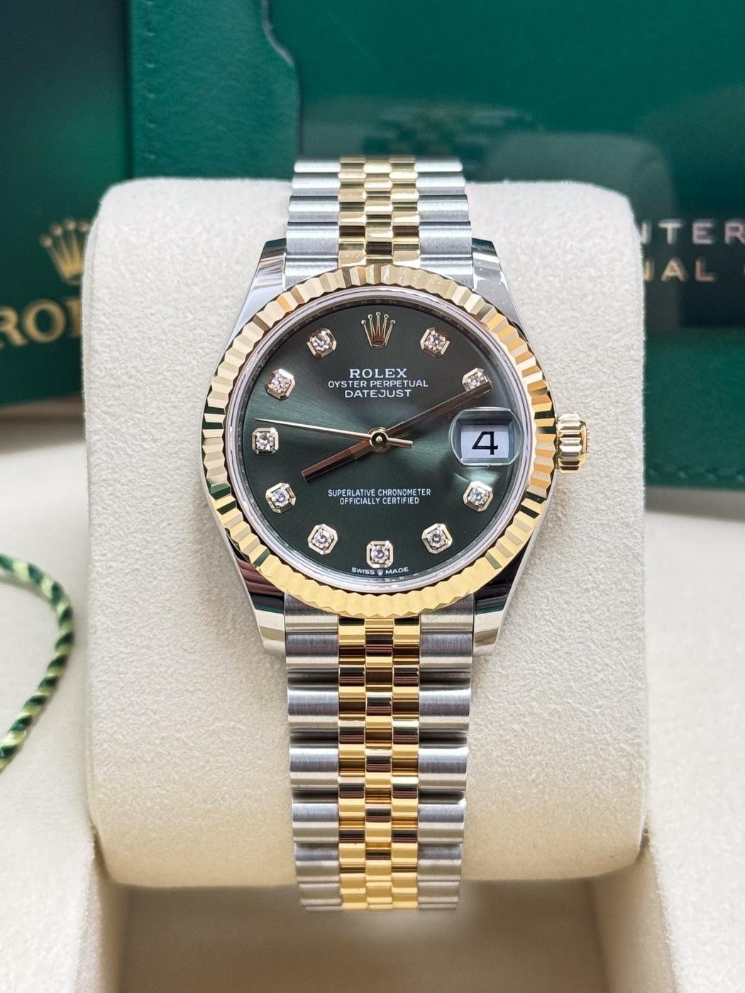 Rolex Lady-Datejust 31mm Two-Tone Yellow Gold Green Diamond Dial Fluted Bezel