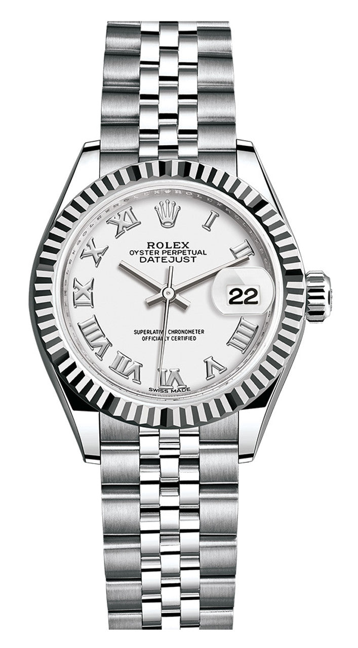 Rolex Lady-Datejust 28mm White Roman Dial Fluted Bezel Jubilee Bracelet 279174 – New 2025