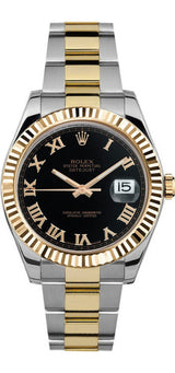 Rolex Datejust 41mm Fluted Bezel Black Roman Dial Oyster Two Tone With Card - 116333