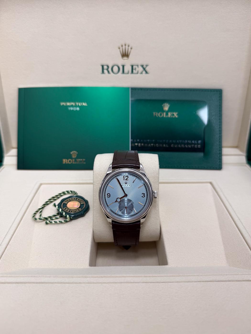 Rolex 1908 Platinum Ice Blue Dial Brown Alligator Strap 52506 – New 2026