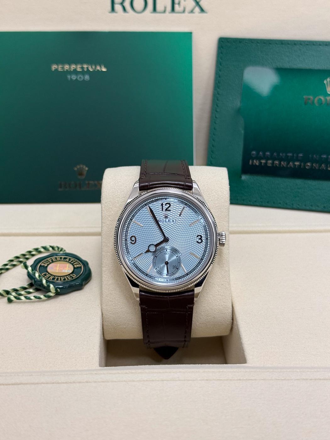 Rolex 1908 Platinum Ice Blue Dial Brown Alligator Strap 52506 – New 2026