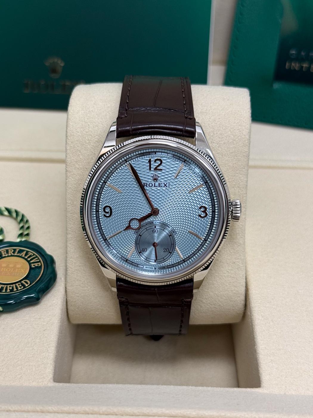 Rolex 1908 Platinum Ice Blue Dial Brown Alligator Strap 52506 – New 2026