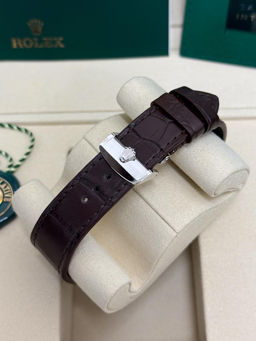 Rolex 1908 Platinum Ice Blue Dial Brown Alligator Strap 52506 – New 2026