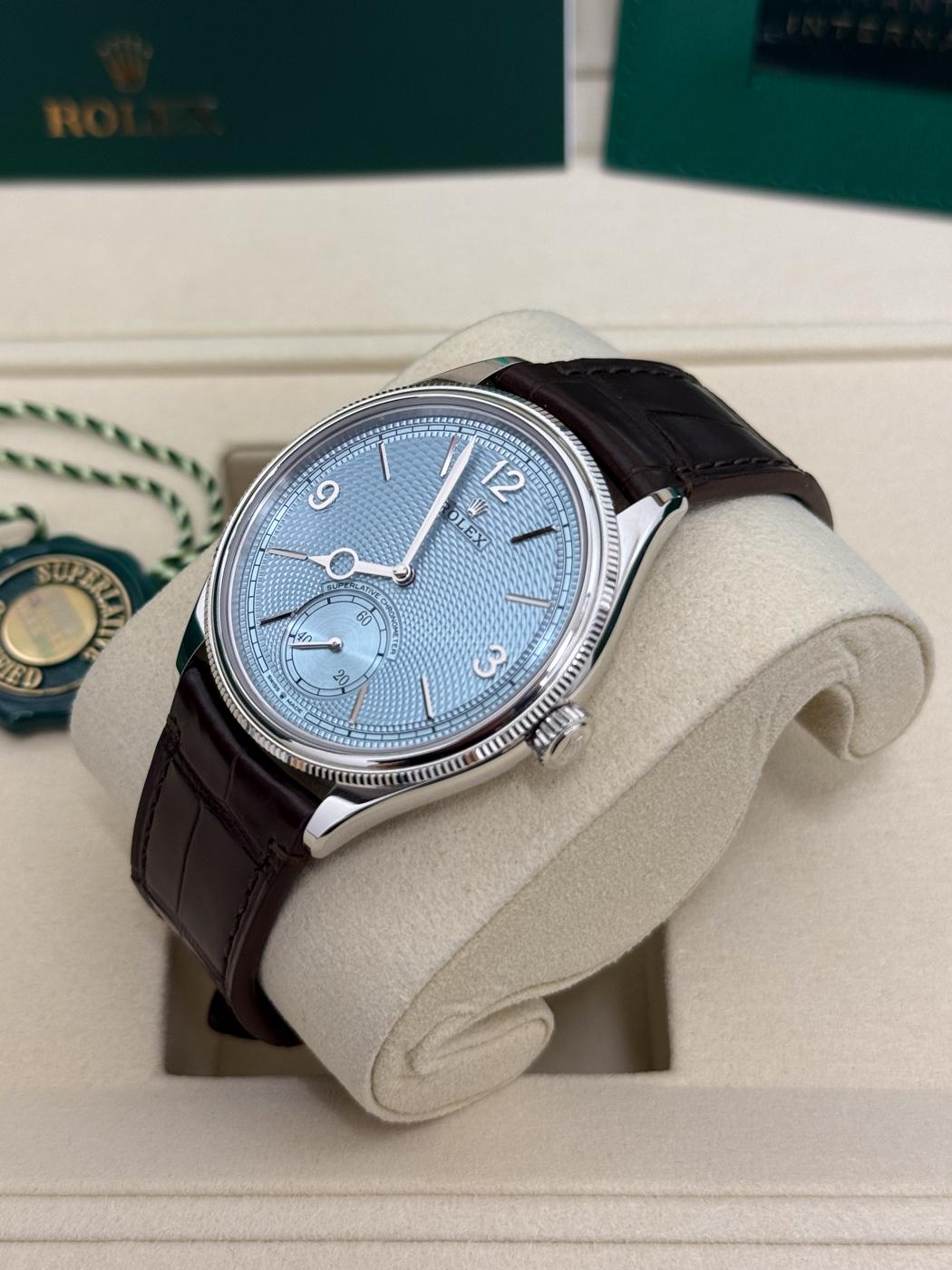 Rolex 1908 Platinum Ice Blue Dial Brown Alligator Strap 52506 – New 2026