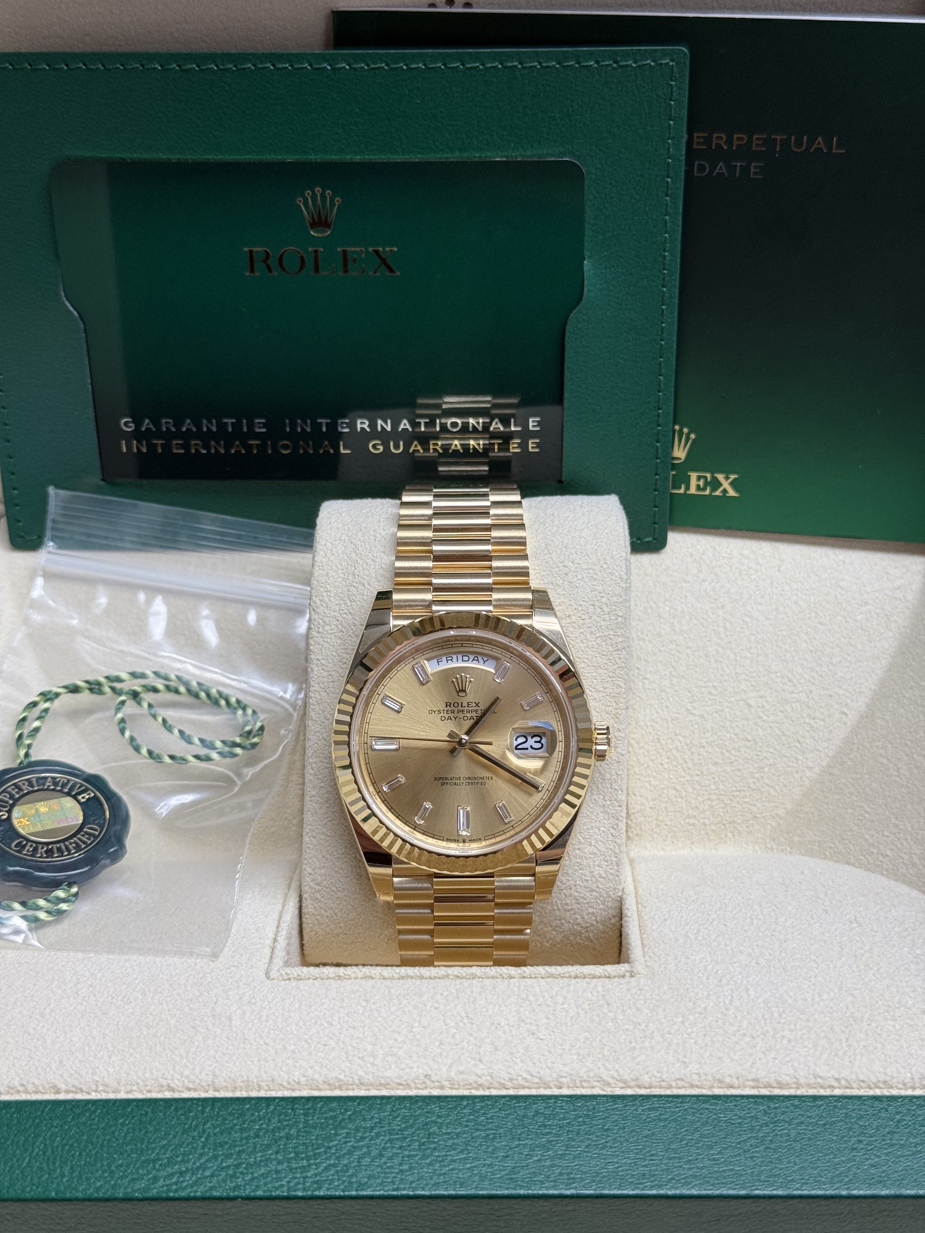 Rolex Day-Date "President" 40mm Yellow Gold Champagne Diamond Baguette Dial - 228238 - New 2025 / 2026