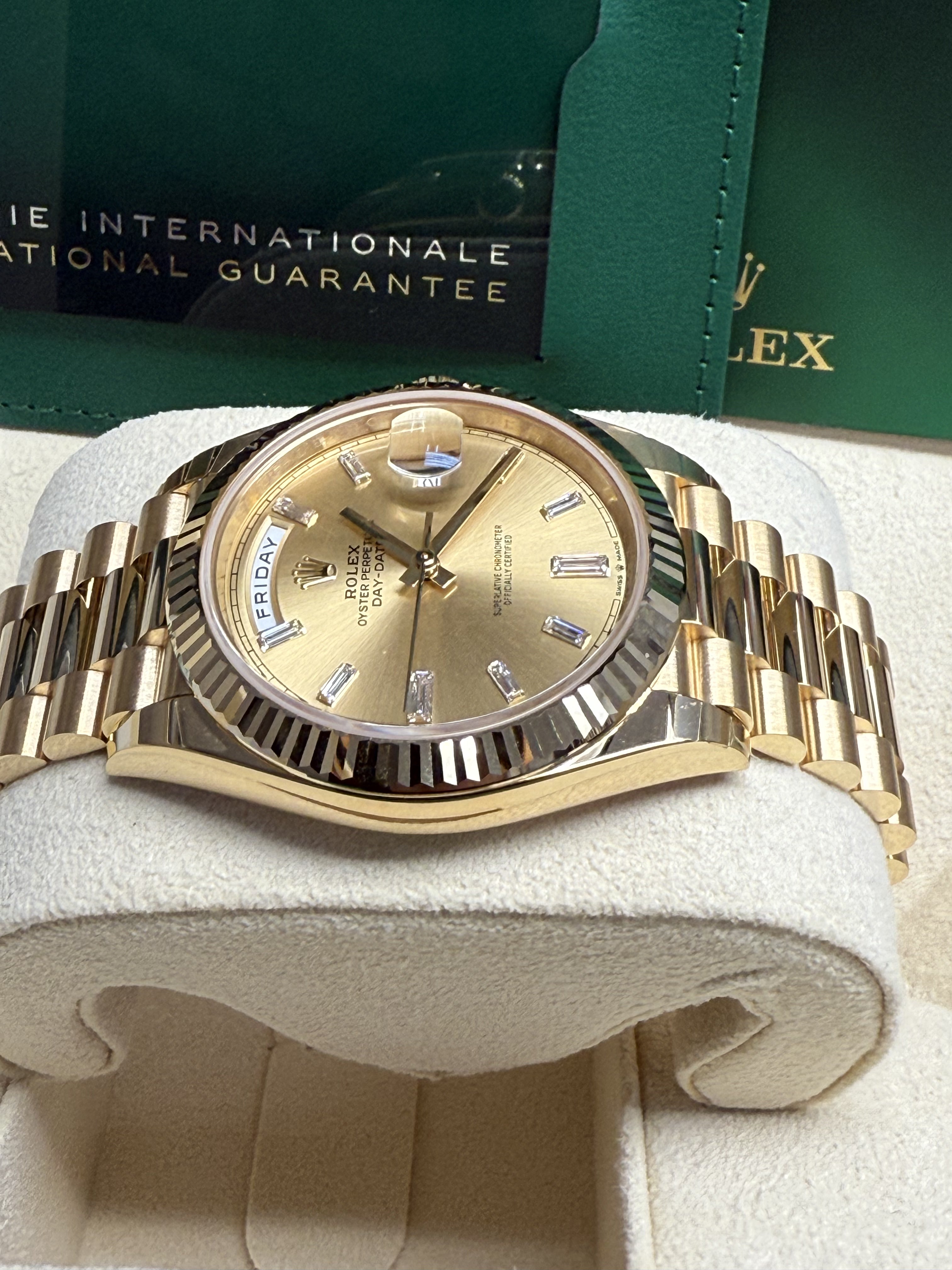 Rolex Day-Date "President" 40mm Yellow Gold Champagne Diamond Baguette Dial - 228238 - New 2025 / 2026