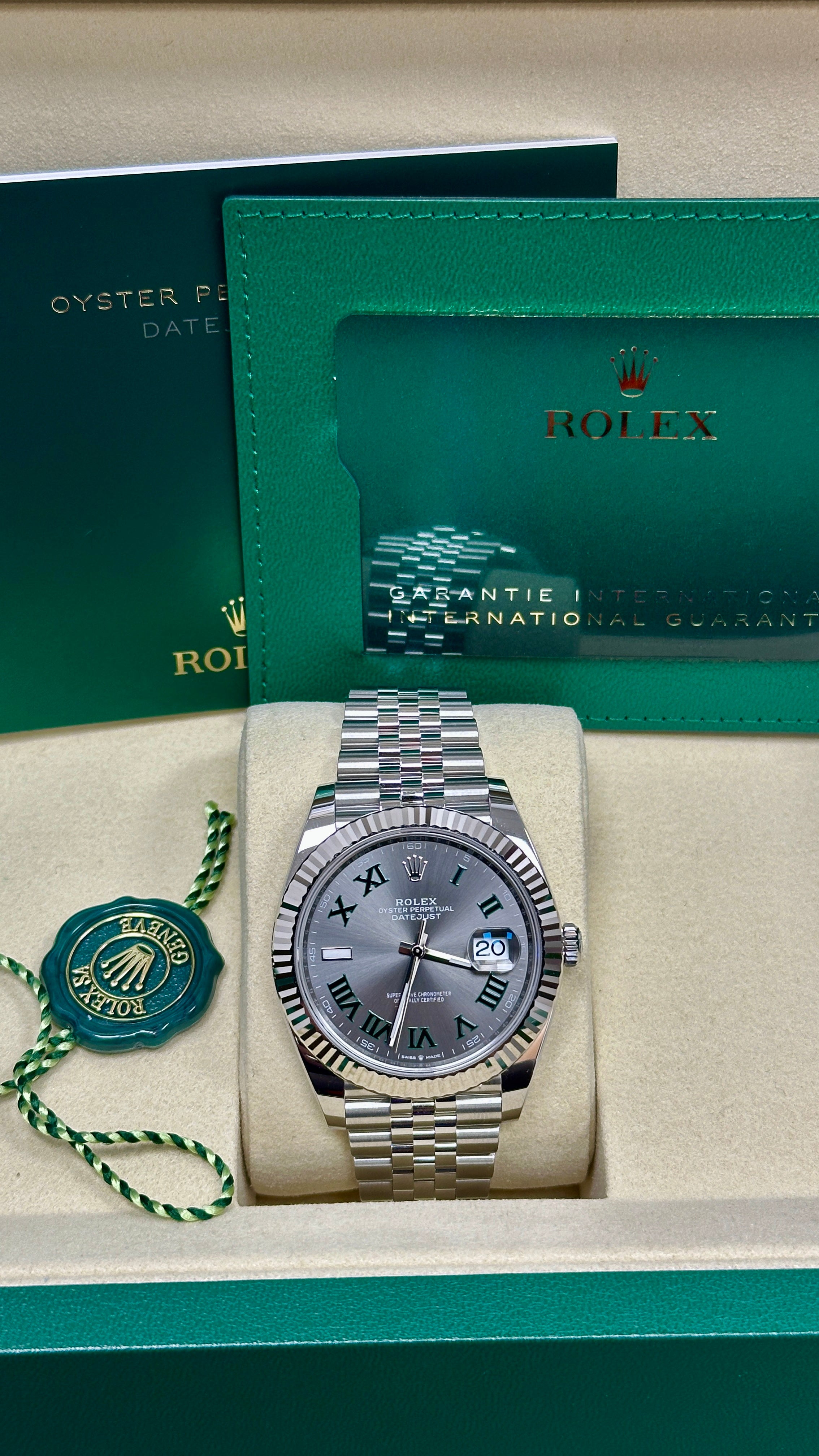 Rolex Datejust 41mm "Wimbledon" Slate and Green Roman Dial Fluted Bezel Jubilee Bracelet 126334 – New 2025 / 2026