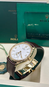 Rolex 1908 Yellow Gold White Dial Brown Alligator Strap - 52508 - New 2025