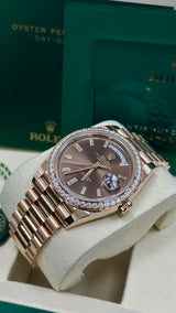 Rolex Day-Date "President" 40mm Everose Gold Chocolate Diamond Baguette Dial Diamond Bezel - 228345RBR - New 2025